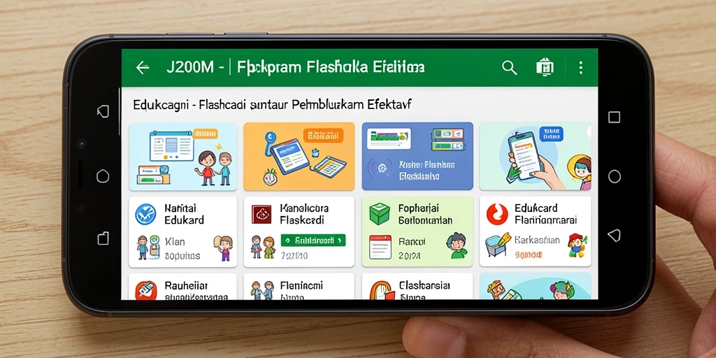 Antarmuka user-friendly J200M untuk belajar flashcard.